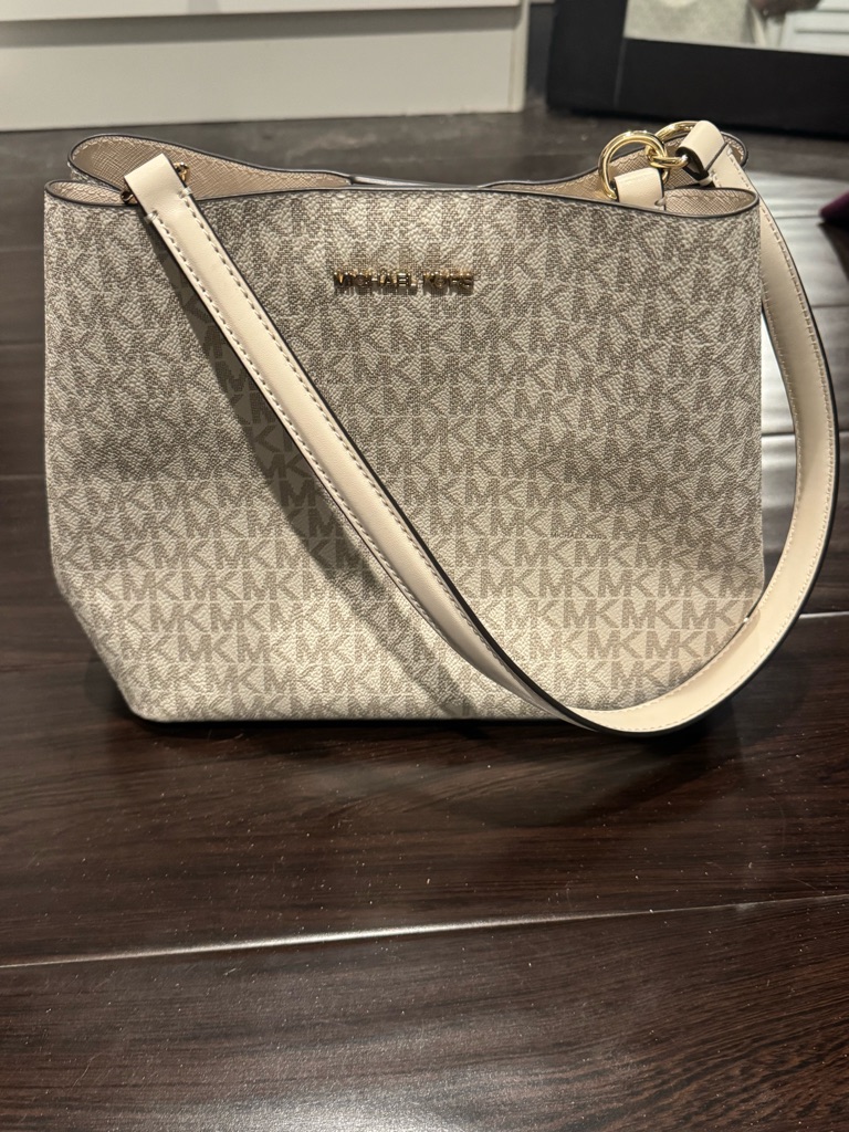 Michael Kors Beige/Cream Signature Mk Shoulder Bag (Pratt Medium Signature Logo)
